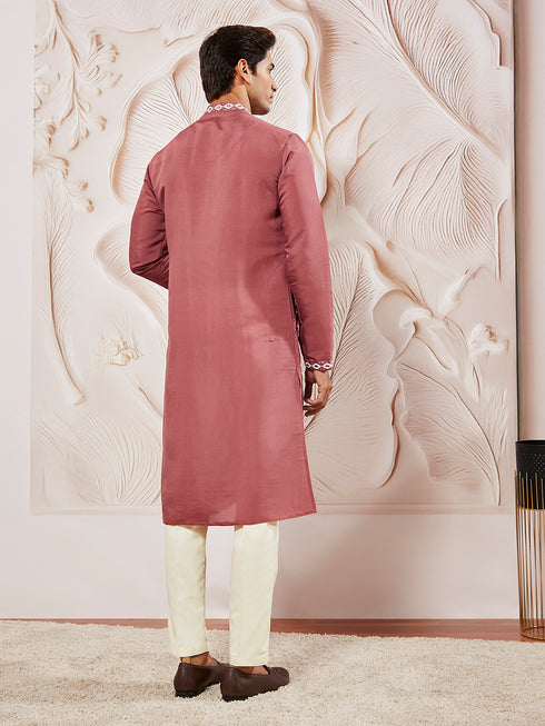 Men's Rose Pink Silk Blend Kurta Pant And Dupatta Set